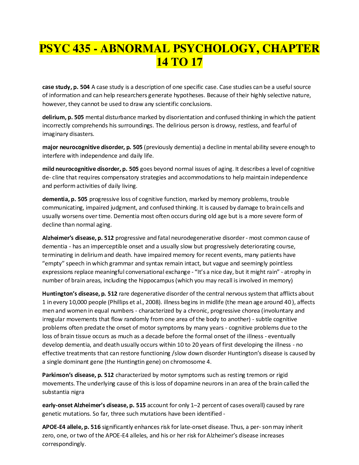 Preview of PSYC 435 - Abnormal Psychology, CHAPTER 14 to 17, Complete latest Test bank Questions and